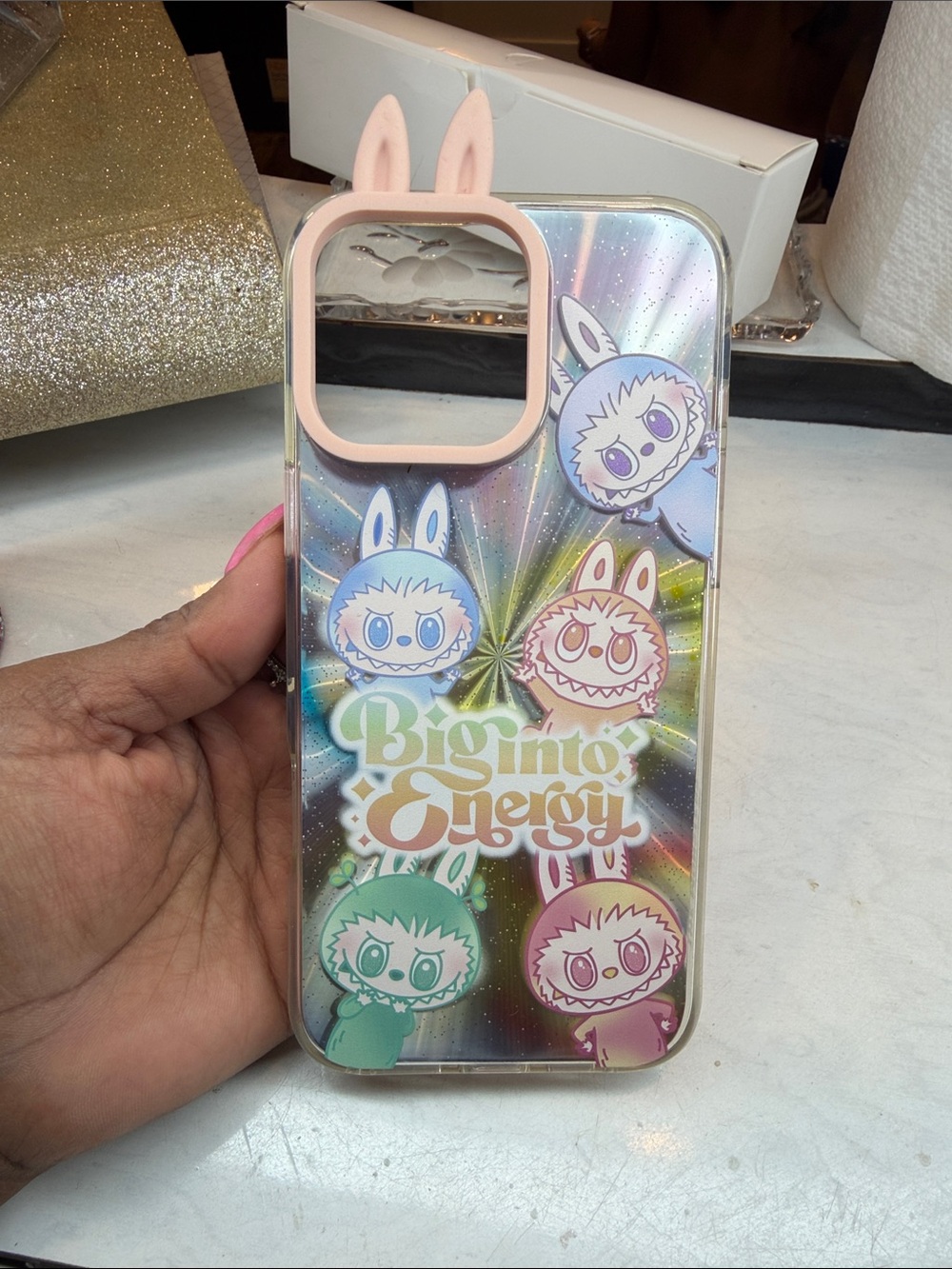 Holographic Bunny Character Phone Case 16 pro max with Pink Trim